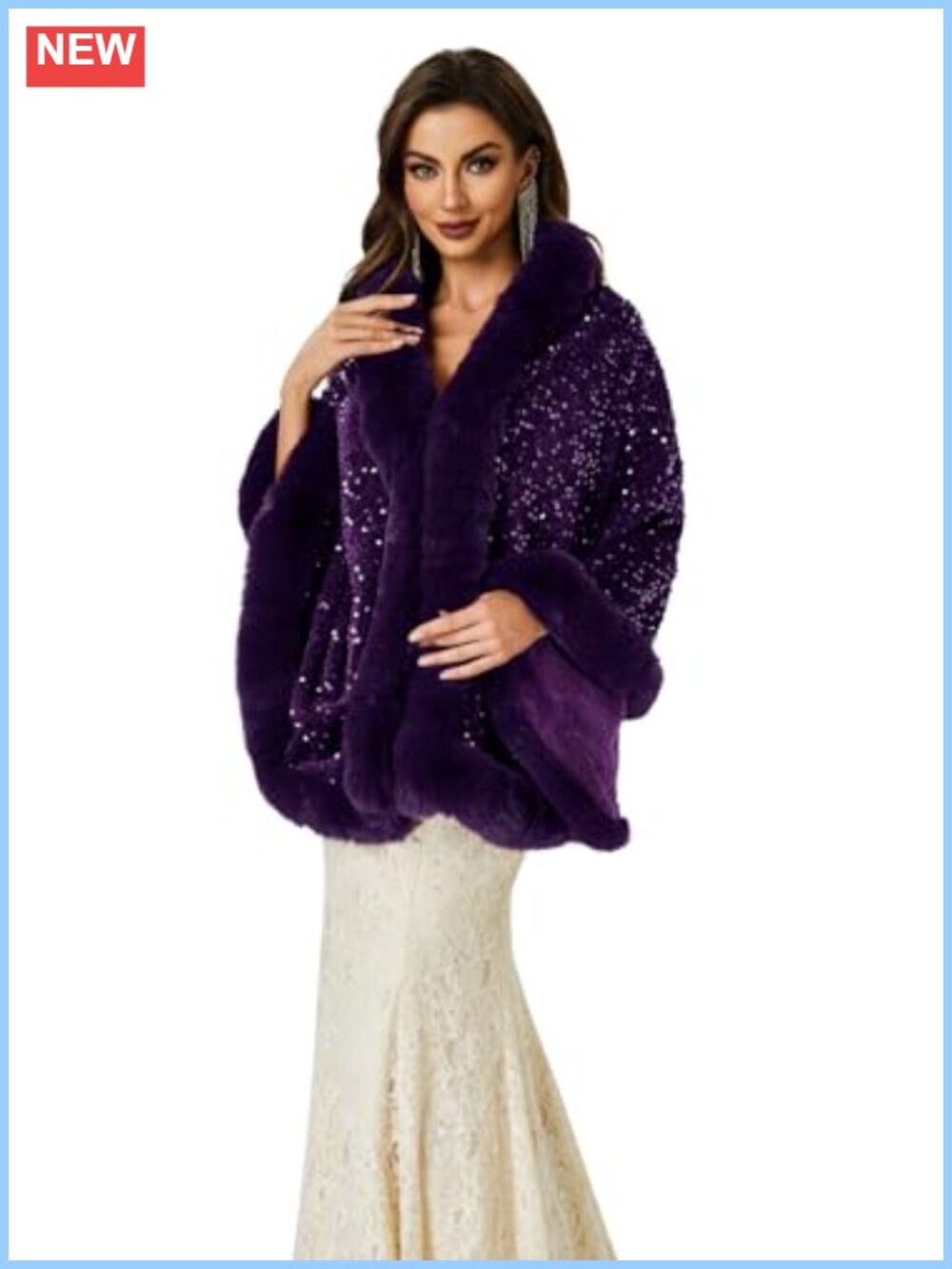 Faux Fur Sequin Shawl Wrap Stole Cape for Wedding Prom Evening Party
